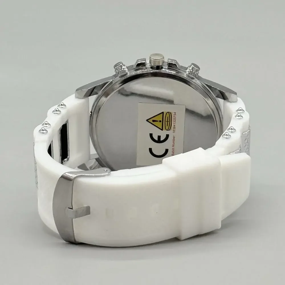 Geneva Mens Silver Tone Chronograph Style Watch White Silicone Sport Band